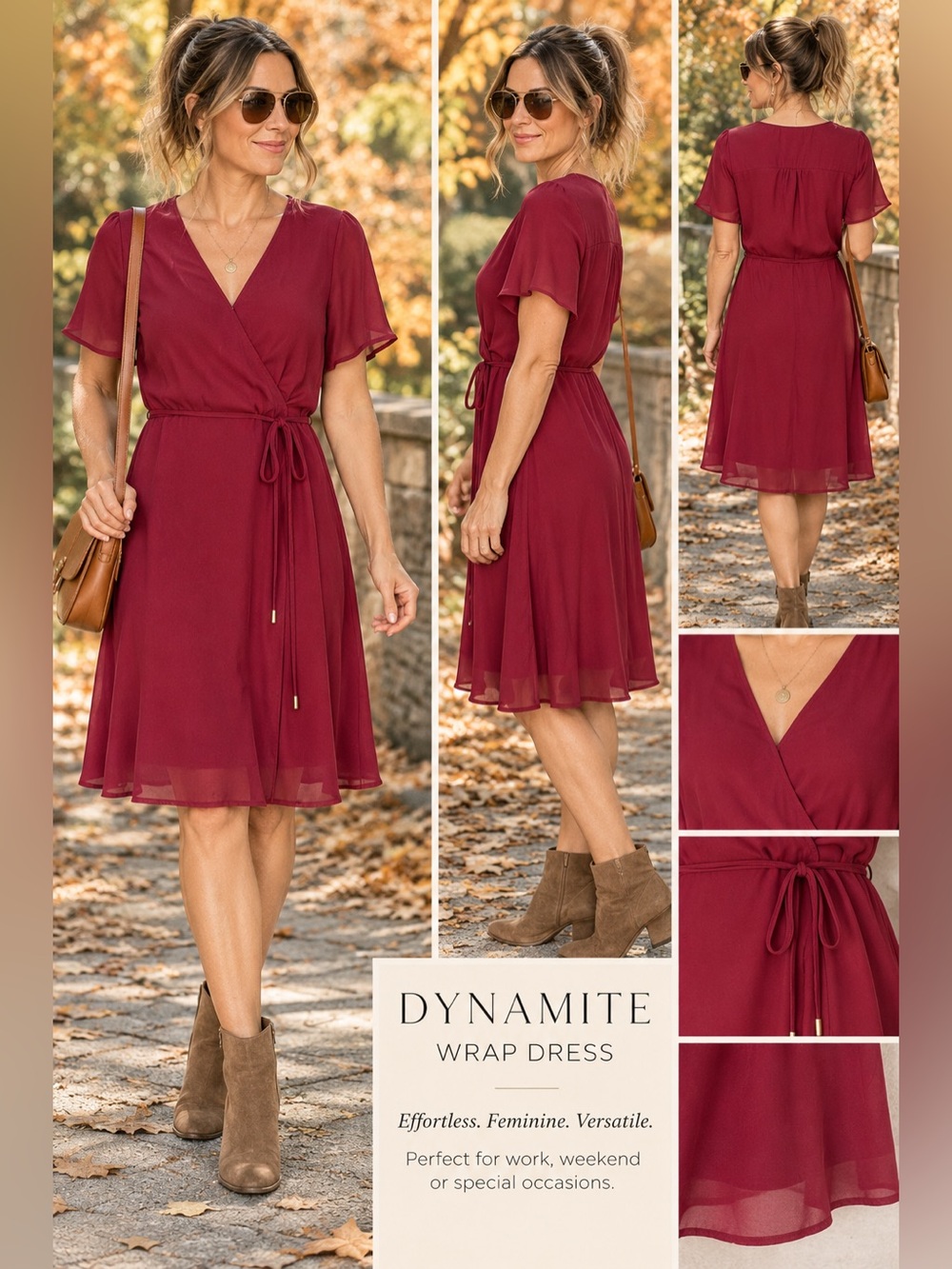 Dynamite Wine Red Burgundy Wrap Dress M Flutter Sleeve Tie Waist